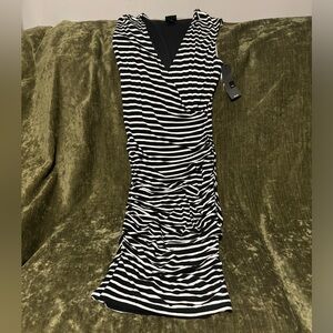 Massimo black/white striped ruched form fitted dress